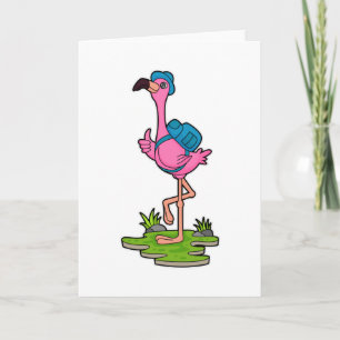 Flamingo som Hiker med ryggsäck Kort