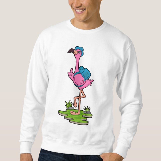 Flamingo som Hiker med ryggsäck Lång Ärmad Tröja (Framsida)