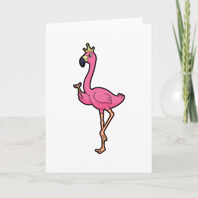 Flamingo som kung med krona och stav kort (Framsida)