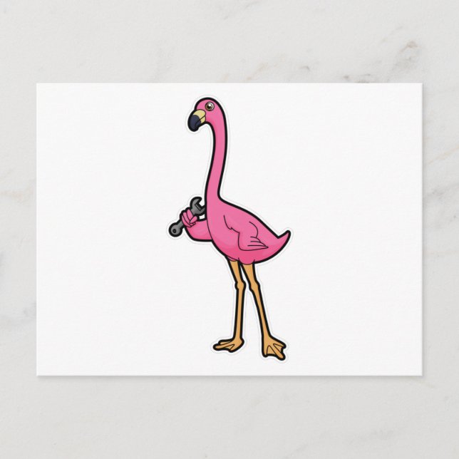 Flamingo som mekaniker med skiftnyckel vykort (Framsida)