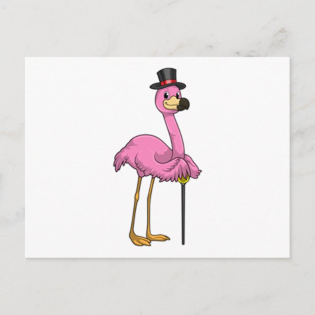 Flamingo som pensionär med promenadkäpp vykort (Framsida)