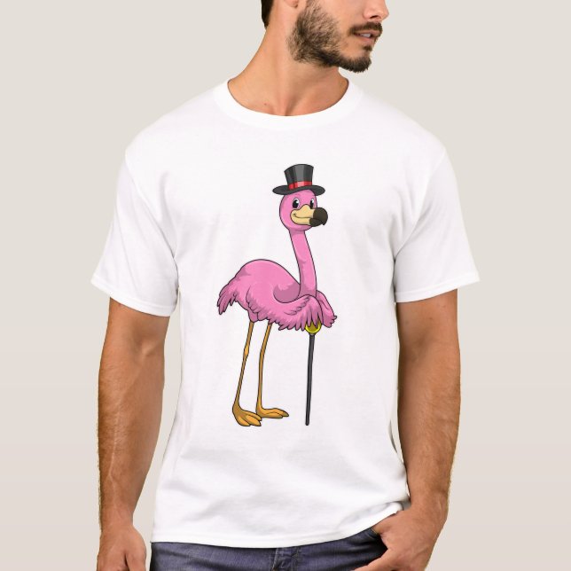 Flamingo som pensionär med Walking stick T Shirt (Framsida)