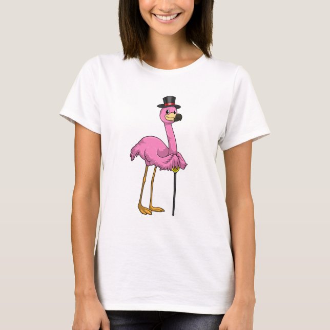 Flamingo som pensionär med Walking stick T Shirt (Framsida)