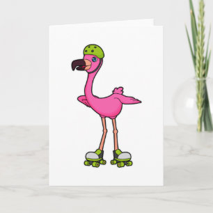 Flamingo som skateboardåkare med rullskridskor & h kort