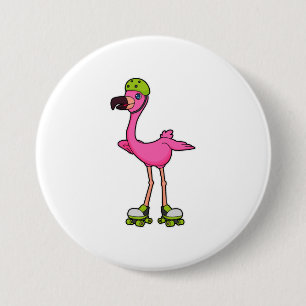 Flamingo som Skater med rullskridskor och hjälmet Knapp