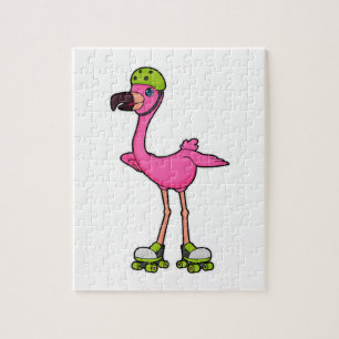 Flamingo som Skater med rullskridskor och hjälmet Pussel