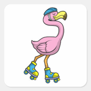 Flamingo som Skater med Skates & Helmet Fyrkantigt Klistermärke