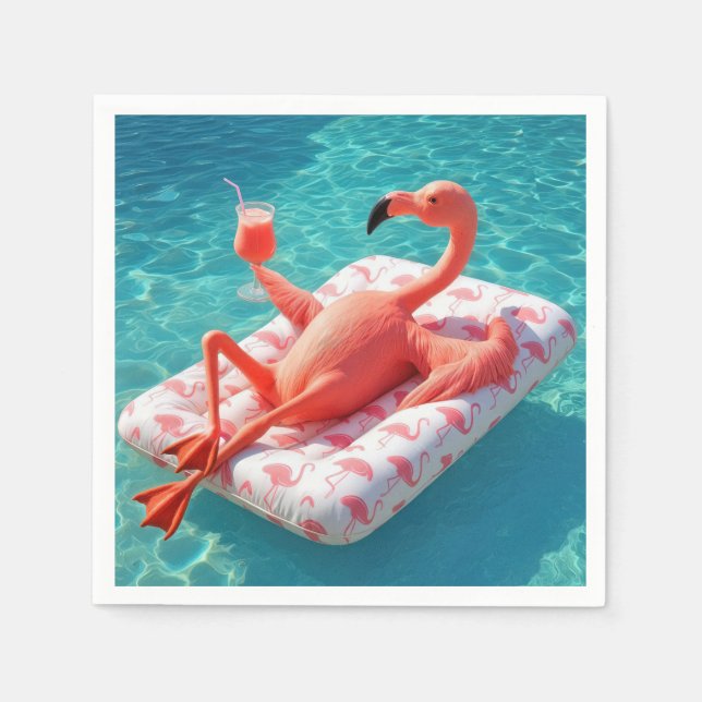 Flamingo som slappnar av på en poolmadrass pappersservett (Framsidan)
