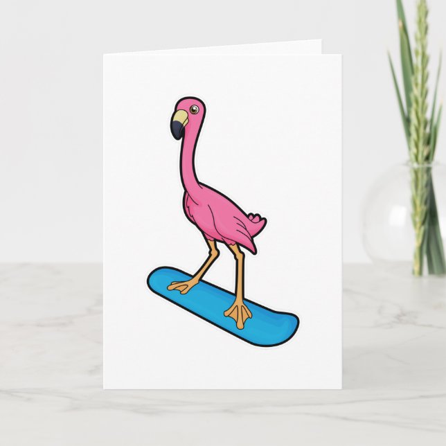 Flamingo som snowboardåkare med snowboard kort (Framsida)