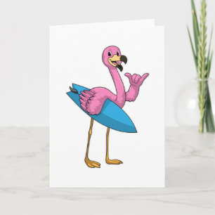 Flamingo som surfare med surfbräda kort