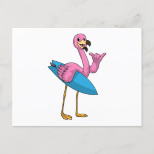 Flamingo som surfare med surfbräda vykort