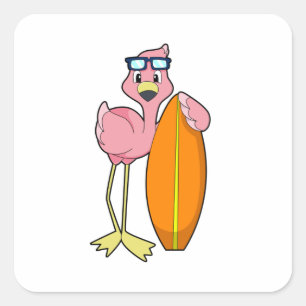 Flamingo som Surfer med Surfboard.PNG Fyrkantigt Klistermärke