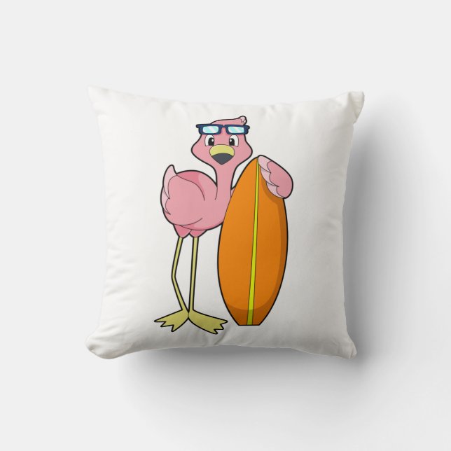 Flamingo som Surfer med Surfboard.PNG Kudde (Framsida)