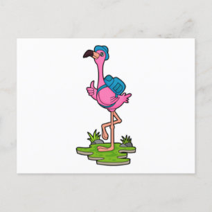 Flamingo som vandrare med ryggsäck vykort