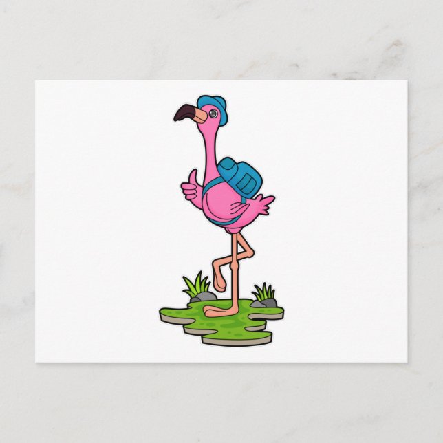 Flamingo som vandrare med ryggsäck vykort (Framsida)