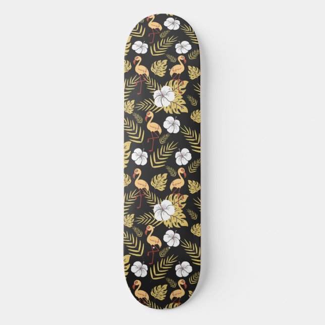 Flamingo Sömlös gult mönster och vita blommor Mini Skateboard Bräda 18,5 Cm (Framsida)