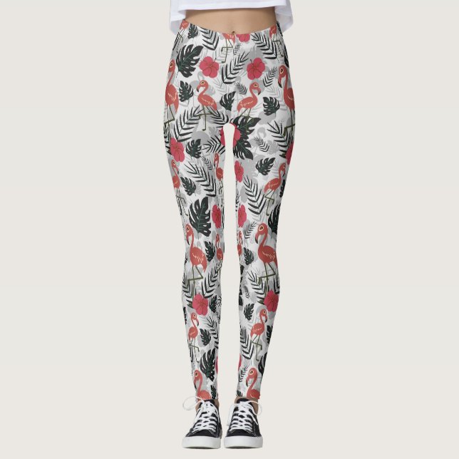 Flamingo Sömlös mönster med blommigtens bakgrund Leggings (Framsida)