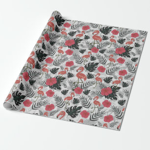 Flamingo Sömlös mönster med blommigtens bakgrund Presentpapper