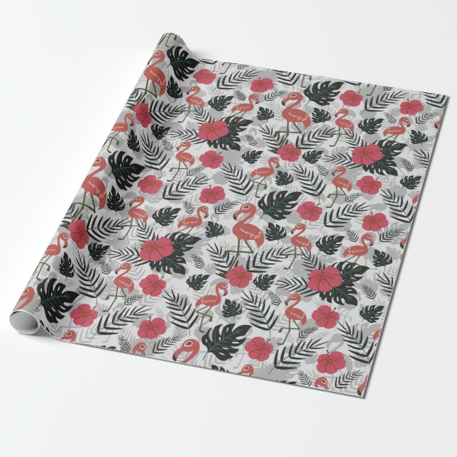 Flamingo Sömlös mönster med blommigtens bakgrund Presentpapper (Utrullad)
