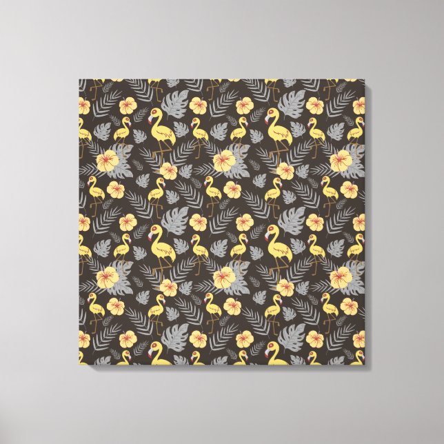 Flamingo Sömlös mönster med blommor och löv Canvastryck (Framsida)