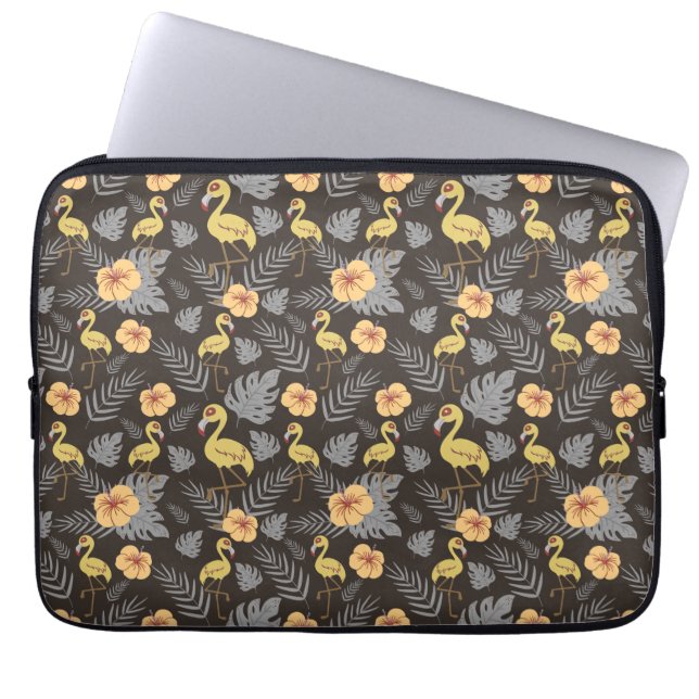 Flamingo Sömlös mönster med blommor och löv Laptop Fodral (Framsidan)