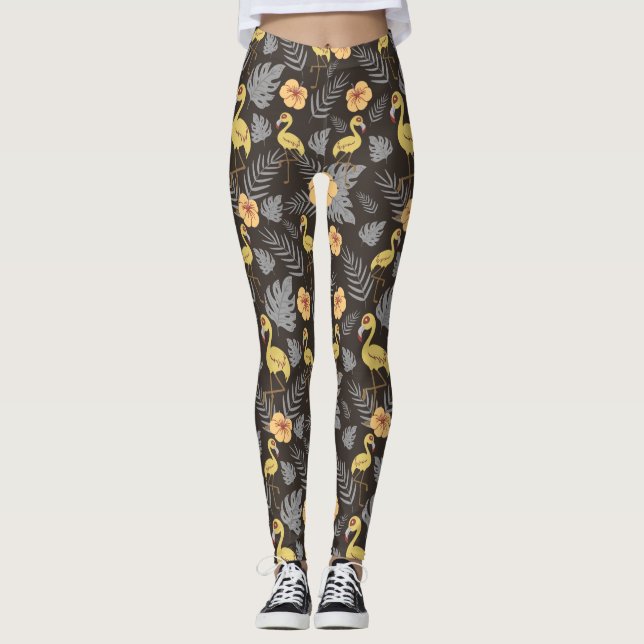 Flamingo Sömlös mönster med blommor och löv Leggings (Framsida)