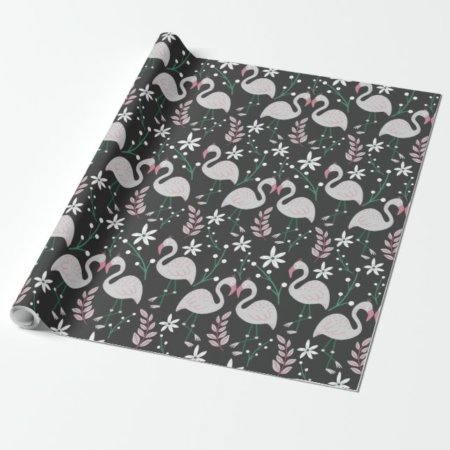 Flamingo sömlös mönster vit på mörkens bakgrund presentpapper (Utrullad)