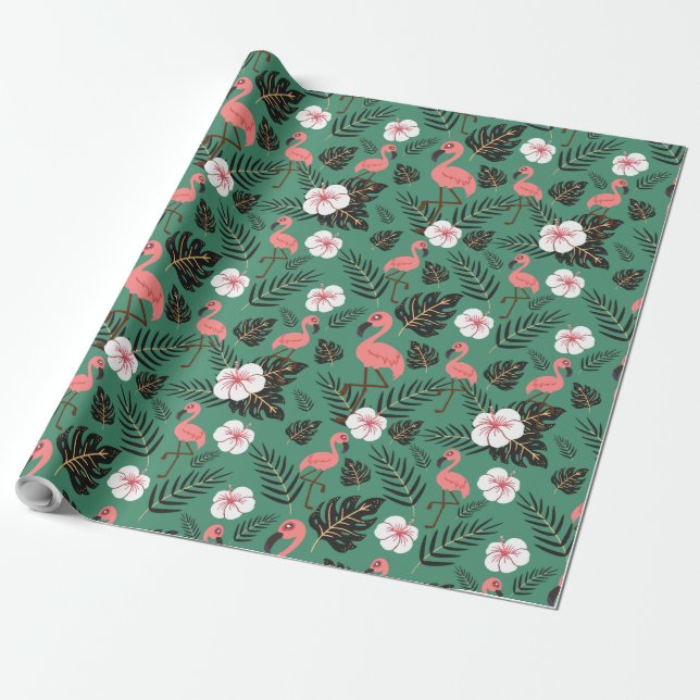 Flamingo sömlöst mönster rosa på grön bakgrund presentpapper (Utrullad)