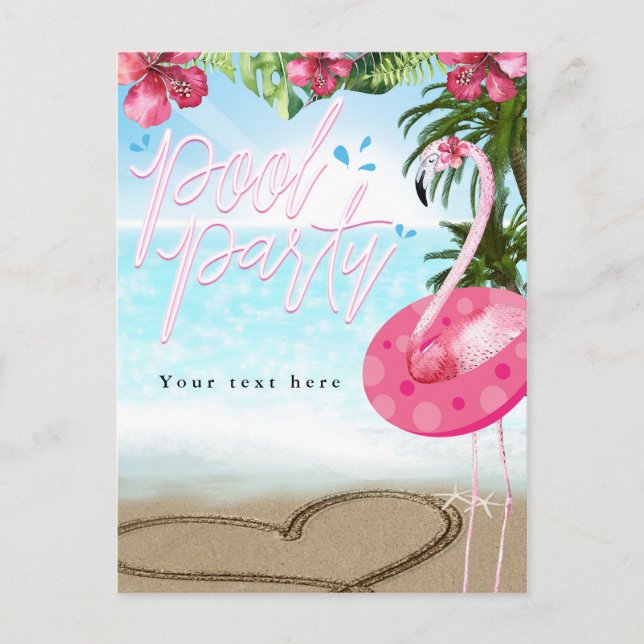 Flamingo sommar födelsedag POOL PARTY Strand Inbjudan Vykort (Framsida)