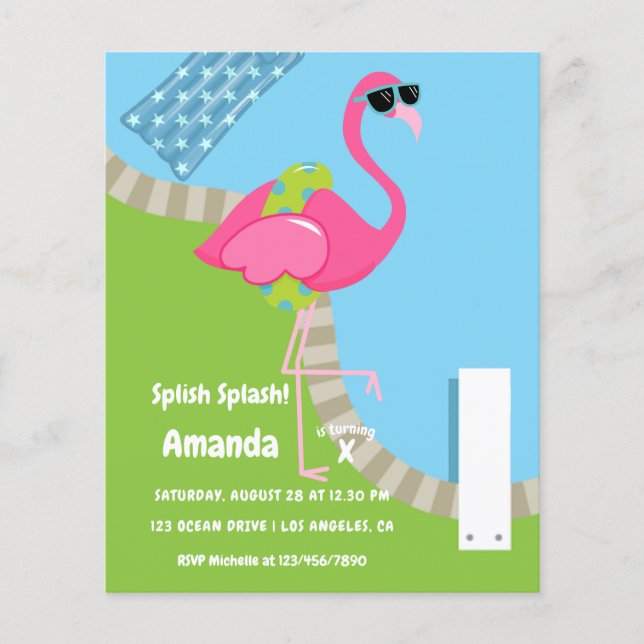 Flamingo sommar Splish Splash Barnkalas Flygblad (Framsidan)