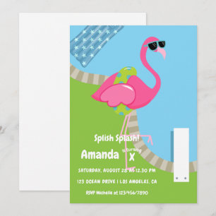 Flamingo sommar Splish Splash Kids födelsedagsfest Inbjudningar