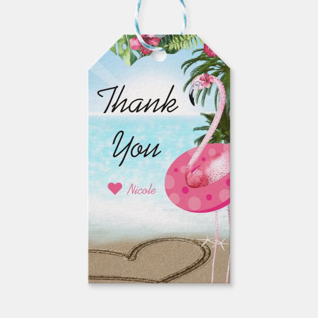 Flamingo sommar strand födelsedagsfest anpassad pr presentetikett (Framsidan)
