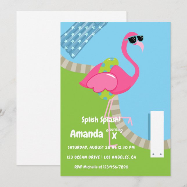 Flamingo, sommarspanska Stänk Barns födelsedag Par Inbjudningar (Fram/baksida)