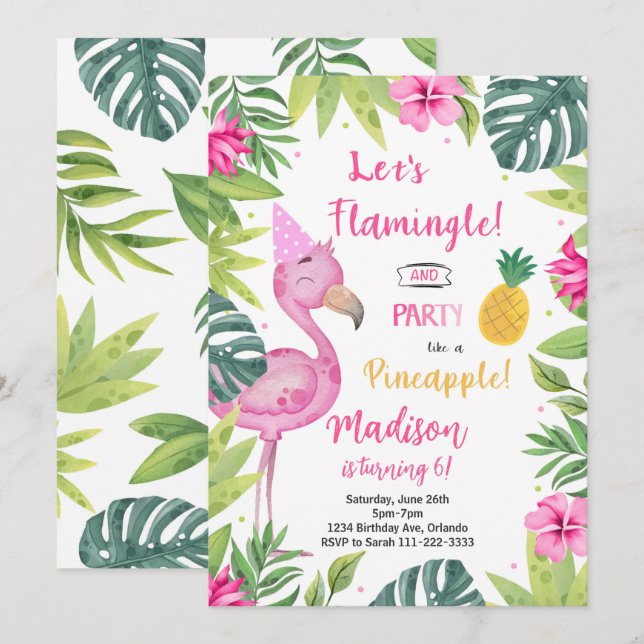 Flamingo Söt i Rosa Birthday-inbjudan Inbjudningar (Fram/baksida)