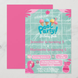  Flamingo Splash gemensam poolparty födelsedagsbar Inbjudningar