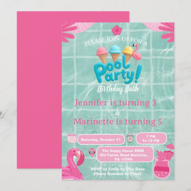  Flamingo Splash gemensam poolparty födelsedagsbar Inbjudningar (Fram/baksida)