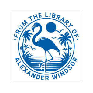 Flamingo Stående, Palmträd Bibliotek Boknamn Självfärgande Stämpel