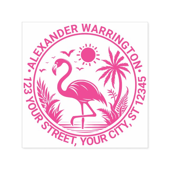 Flamingo Stående Palmträd Sol Namn Adress Självfärgande Stämpel (Design)