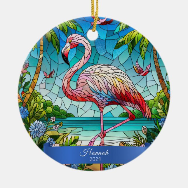 Flamingo Stained Glass Look Personalized Tropical Julgransprydnad Keramik (Framsidan)