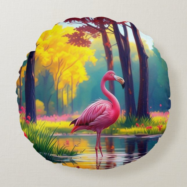 Flamingo ständiga i Sjö-365476 Rund Kudde (Framsidan)