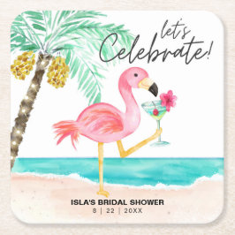 Flamingo Strand Cocktail Tropisk Bröllopsfest Underlägg Papper Kvadrat
