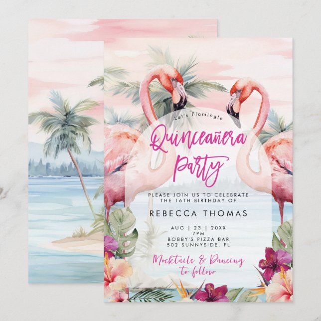 Flamingo-strand Quinceanera-inbjudan Inbjudningar (Fram/baksida)