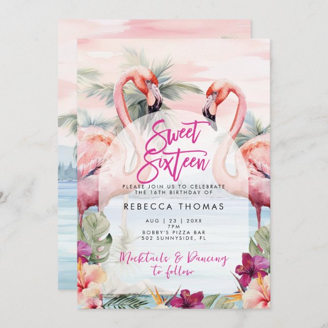 Flamingo strand söt 16-parters inbjudan (Fram/baksida)