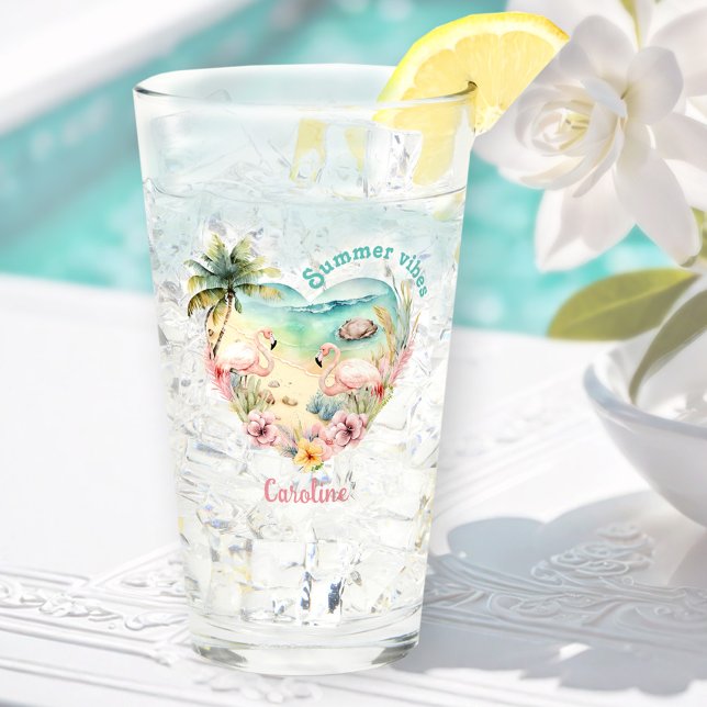 Flamingo Summer Beach Heart Tropical Hawaii Namn Glaskopp (Flamingo Summer Beach Heart Tropical Hawaii Name Glass)