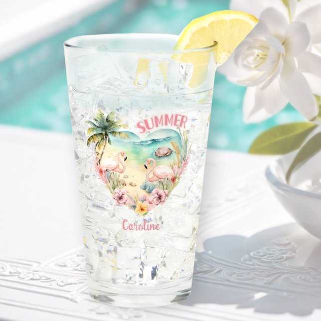 Flamingo Summer Beach Heart Tropical Rosa Namn Glaskopp (Flamingo Summer Beach Heart Tropical Pink Name Glass)