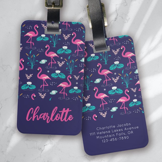 Flamingo Summer Blue Rosa Monogram Bagagebricka (Skapare uppladdad)