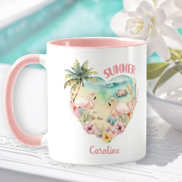 Flamingo Summer Heart Tropical Girly Namn Rosa Mugg