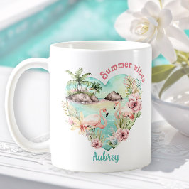Flamingo Summer Heart Tropical Personlig Namn Kaffemugg