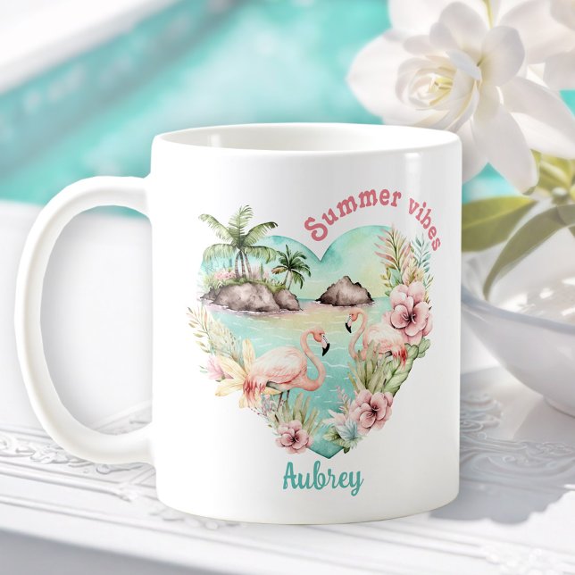 Flamingo Summer Heart Tropical Personlig Namn Kaffemugg (Flamingo Summer Heart Tropical Personalized Name Coffee Mug)