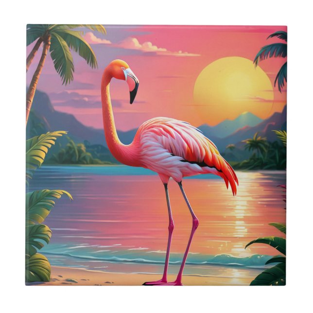 Flamingo Sunset Tropical Beach Kakelplatta (Framsidan)